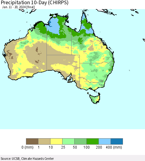 Australia Precipitation 10-Day (CHIRPS) Thematic Map For 1/11/2024 - 1/20/2024