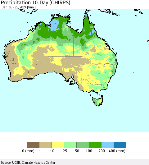 Australia Precipitation 10-Day (CHIRPS) Thematic Map For 1/16/2024 - 1/25/2024