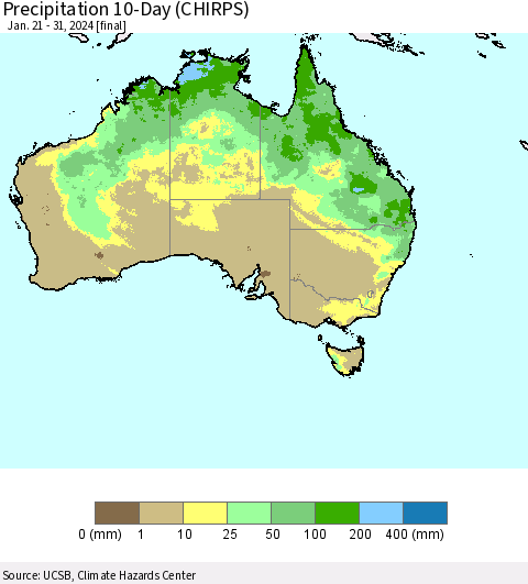 Australia Precipitation 10-Day (CHIRPS) Thematic Map For 1/21/2024 - 1/31/2024