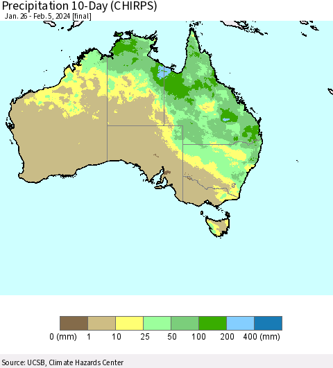 Australia Precipitation 10-Day (CHIRPS) Thematic Map For 1/26/2024 - 2/5/2024
