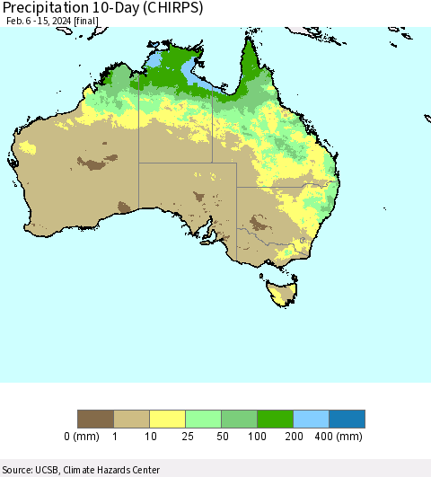 Australia Precipitation 10-Day (CHIRPS) Thematic Map For 2/6/2024 - 2/15/2024