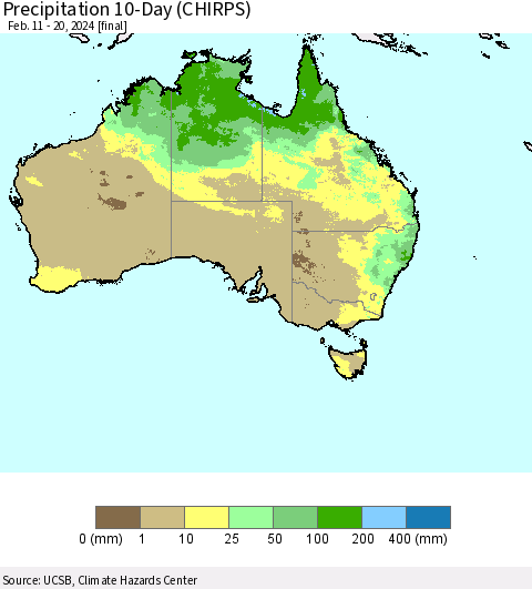 Australia Precipitation 10-Day (CHIRPS) Thematic Map For 2/11/2024 - 2/20/2024