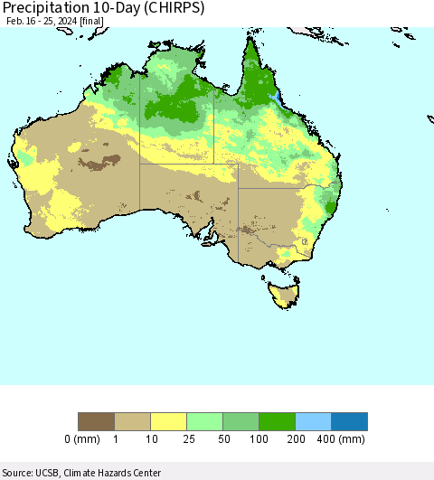 Australia Precipitation 10-Day (CHIRPS) Thematic Map For 2/16/2024 - 2/25/2024