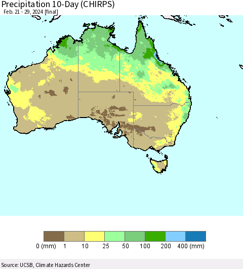 Australia Precipitation 10-Day (CHIRPS) Thematic Map For 2/21/2024 - 2/29/2024