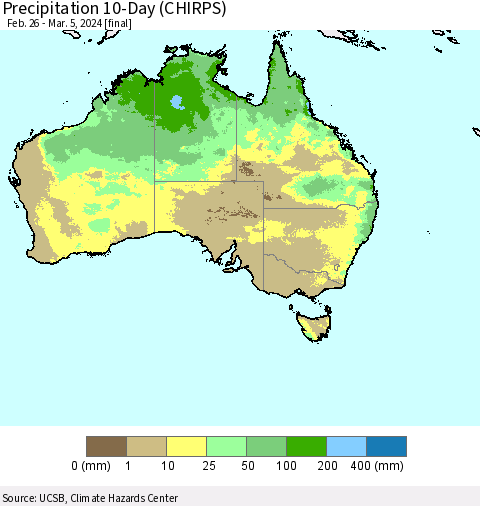 Australia Precipitation 10-Day (CHIRPS) Thematic Map For 2/26/2024 - 3/5/2024