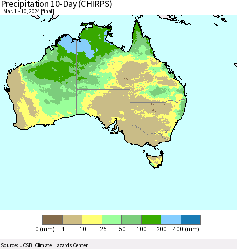 Australia Precipitation 10-Day (CHIRPS) Thematic Map For 3/1/2024 - 3/10/2024