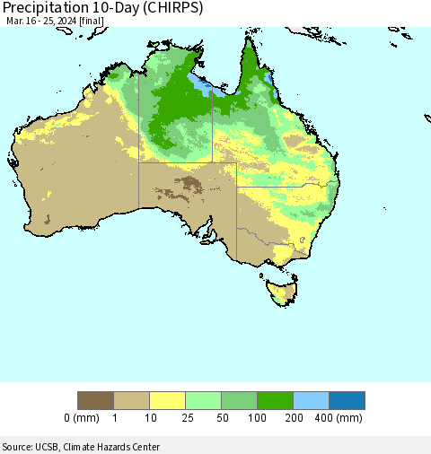 Australia Precipitation 10-Day (CHIRPS) Thematic Map For 3/16/2024 - 3/25/2024
