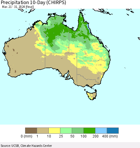 Australia Precipitation 10-Day (CHIRPS) Thematic Map For 3/21/2024 - 3/31/2024