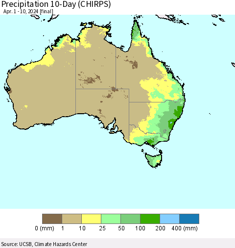 Australia Precipitation 10-Day (CHIRPS) Thematic Map For 4/1/2024 - 4/10/2024