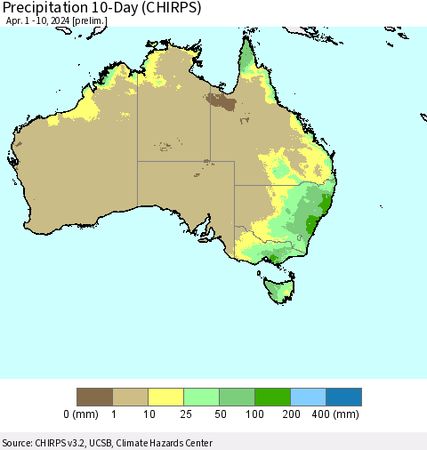 Australia Precipitation 10-Day (CHIRPS) Thematic Map For 4/1/2024 - 4/10/2024