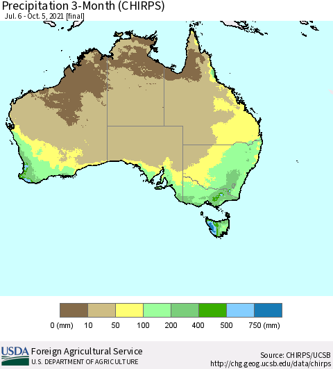 Australia Precipitation 3-Month (CHIRPS) Thematic Map For 7/6/2021 - 10/5/2021