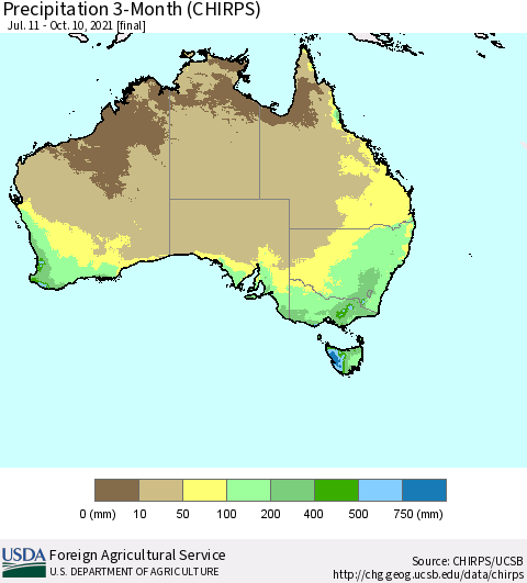 Australia Precipitation 3-Month (CHIRPS) Thematic Map For 7/11/2021 - 10/10/2021