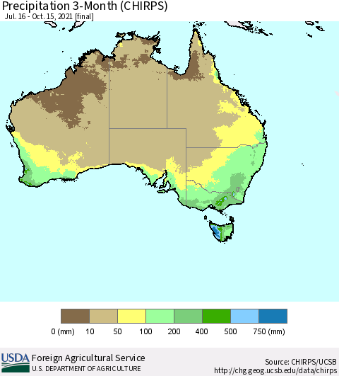 Australia Precipitation 3-Month (CHIRPS) Thematic Map For 7/16/2021 - 10/15/2021