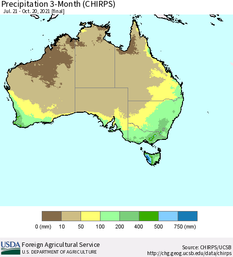 Australia Precipitation 3-Month (CHIRPS) Thematic Map For 7/21/2021 - 10/20/2021