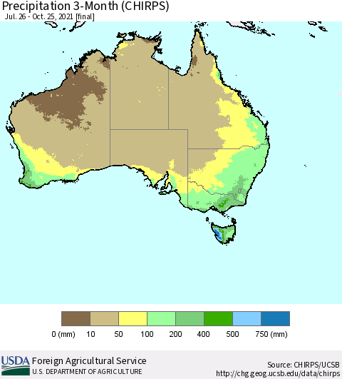 Australia Precipitation 3-Month (CHIRPS) Thematic Map For 7/26/2021 - 10/25/2021