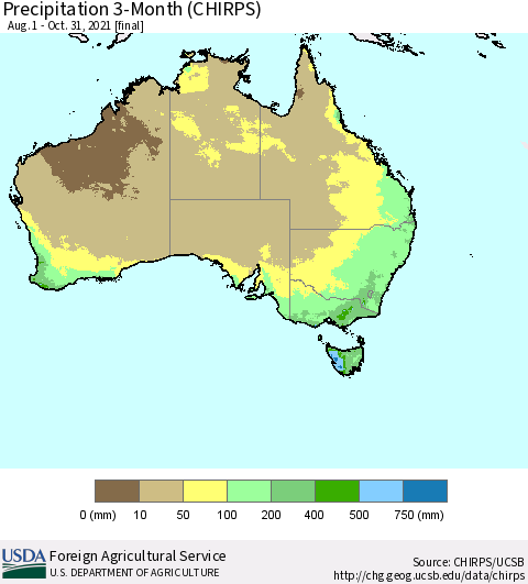 Australia Precipitation 3-Month (CHIRPS) Thematic Map For 8/1/2021 - 10/31/2021
