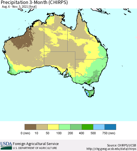Australia Precipitation 3-Month (CHIRPS) Thematic Map For 8/6/2021 - 11/5/2021