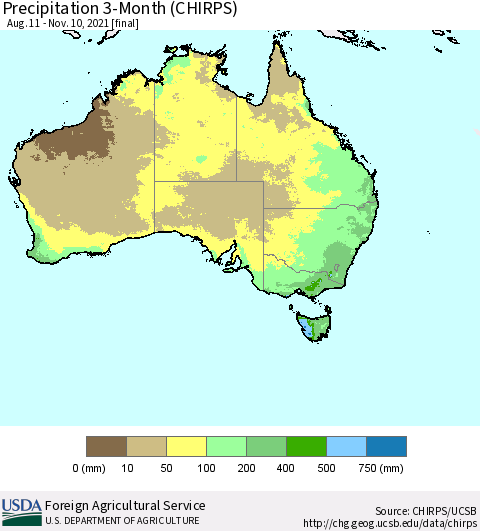 Australia Precipitation 3-Month (CHIRPS) Thematic Map For 8/11/2021 - 11/10/2021
