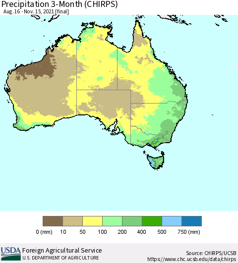 Australia Precipitation 3-Month (CHIRPS) Thematic Map For 8/16/2021 - 11/15/2021