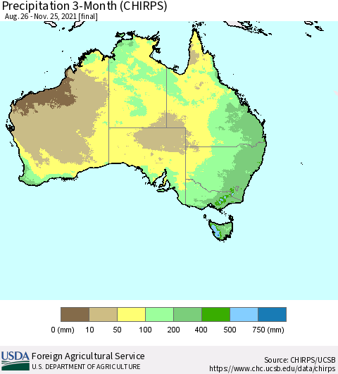 Australia Precipitation 3-Month (CHIRPS) Thematic Map For 8/26/2021 - 11/25/2021