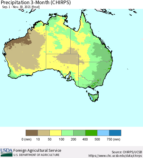 Australia Precipitation 3-Month (CHIRPS) Thematic Map For 9/1/2021 - 11/30/2021
