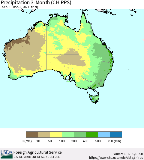 Australia Precipitation 3-Month (CHIRPS) Thematic Map For 9/6/2021 - 12/5/2021