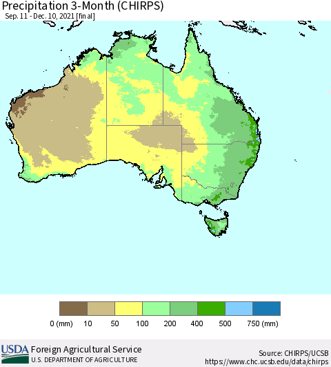 Australia Precipitation 3-Month (CHIRPS) Thematic Map For 9/11/2021 - 12/10/2021
