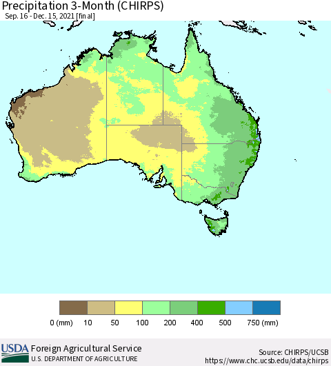 Australia Precipitation 3-Month (CHIRPS) Thematic Map For 9/16/2021 - 12/15/2021