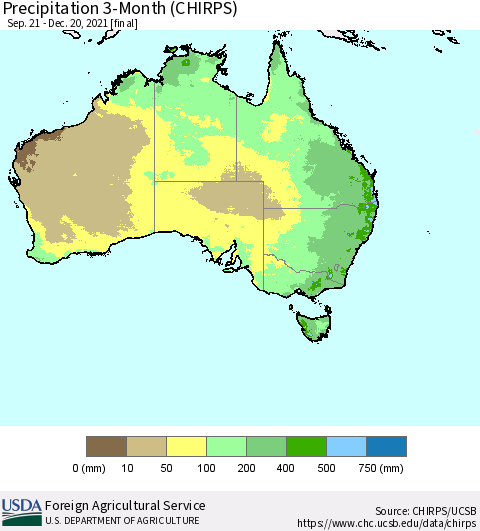 Australia Precipitation 3-Month (CHIRPS) Thematic Map For 9/21/2021 - 12/20/2021