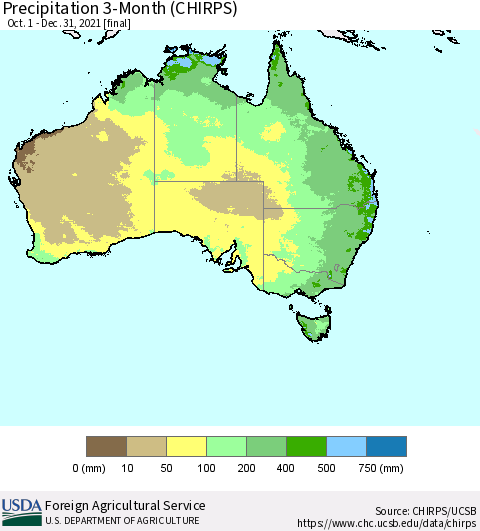 Australia Precipitation 3-Month (CHIRPS) Thematic Map For 10/1/2021 - 12/31/2021