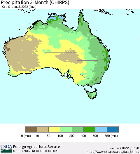 Australia Precipitation 3-Month (CHIRPS) Thematic Map For 10/6/2021 - 1/5/2022