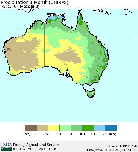 Australia Precipitation 3-Month (CHIRPS) Thematic Map For 10/11/2021 - 1/10/2022