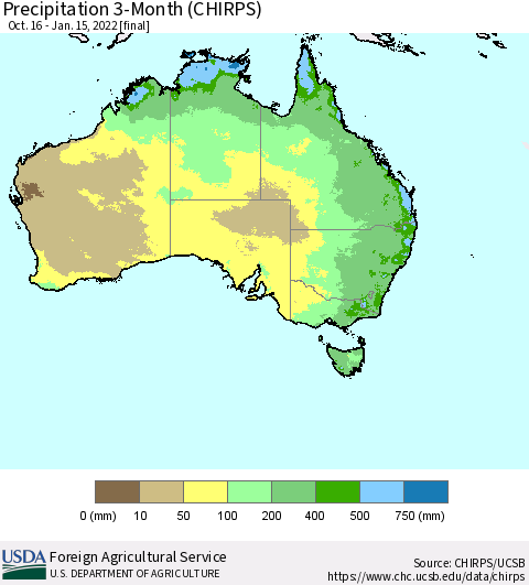 Australia Precipitation 3-Month (CHIRPS) Thematic Map For 10/16/2021 - 1/15/2022