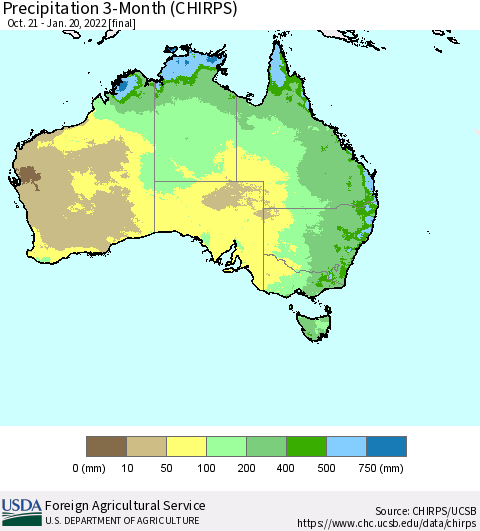 Australia Precipitation 3-Month (CHIRPS) Thematic Map For 10/21/2021 - 1/20/2022
