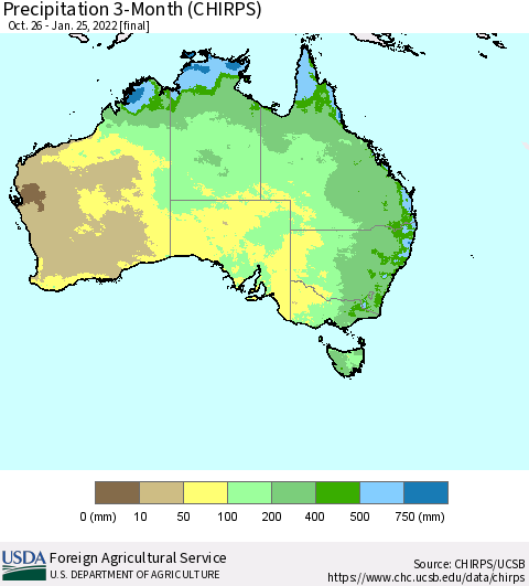 Australia Precipitation 3-Month (CHIRPS) Thematic Map For 10/26/2021 - 1/25/2022