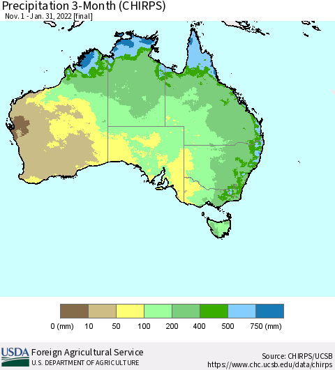 Australia Precipitation 3-Month (CHIRPS) Thematic Map For 11/1/2021 - 1/31/2022
