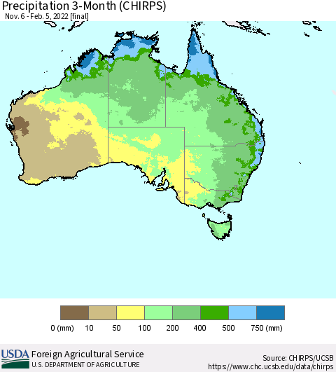 Australia Precipitation 3-Month (CHIRPS) Thematic Map For 11/6/2021 - 2/5/2022