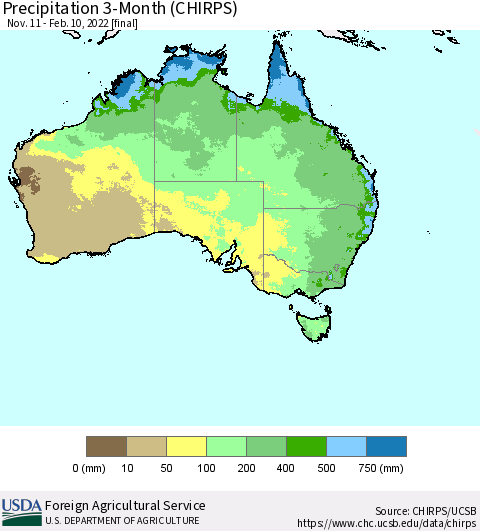 Australia Precipitation 3-Month (CHIRPS) Thematic Map For 11/11/2021 - 2/10/2022