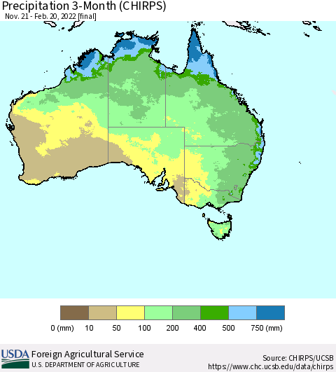 Australia Precipitation 3-Month (CHIRPS) Thematic Map For 11/21/2021 - 2/20/2022