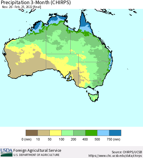 Australia Precipitation 3-Month (CHIRPS) Thematic Map For 11/26/2021 - 2/25/2022