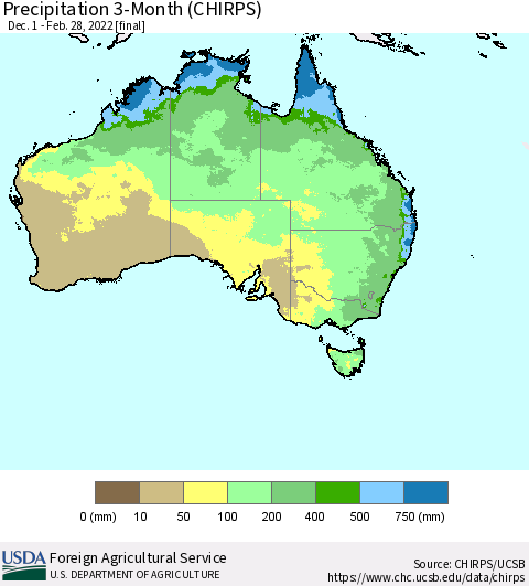 Australia Precipitation 3-Month (CHIRPS) Thematic Map For 12/1/2021 - 2/28/2022