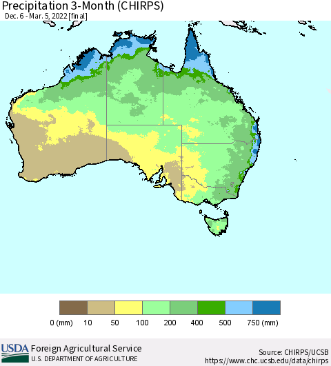 Australia Precipitation 3-Month (CHIRPS) Thematic Map For 12/6/2021 - 3/5/2022
