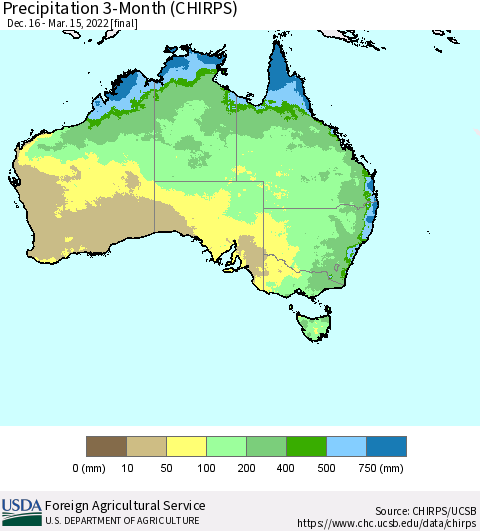 Australia Precipitation 3-Month (CHIRPS) Thematic Map For 12/16/2021 - 3/15/2022