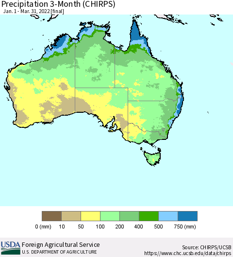 Australia Precipitation 3-Month (CHIRPS) Thematic Map For 1/1/2022 - 3/31/2022