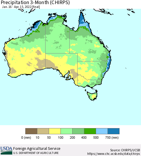 Australia Precipitation 3-Month (CHIRPS) Thematic Map For 1/16/2022 - 4/15/2022