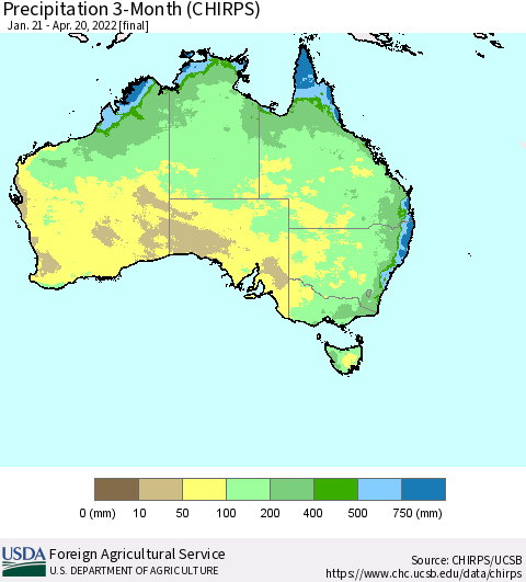 Australia Precipitation 3-Month (CHIRPS) Thematic Map For 1/21/2022 - 4/20/2022