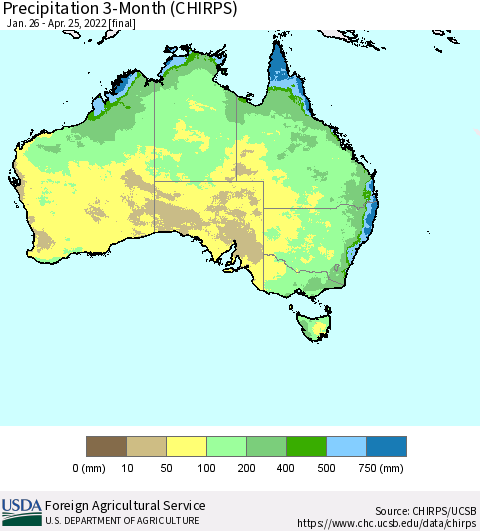 Australia Precipitation 3-Month (CHIRPS) Thematic Map For 1/26/2022 - 4/25/2022