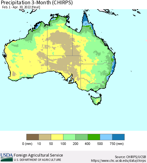 Australia Precipitation 3-Month (CHIRPS) Thematic Map For 2/1/2022 - 4/30/2022