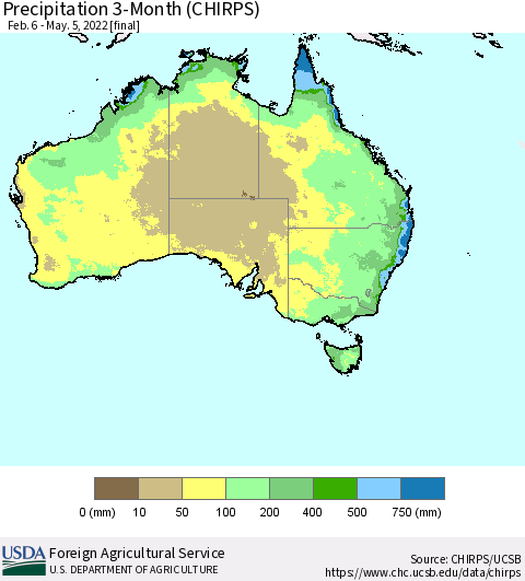 Australia Precipitation 3-Month (CHIRPS) Thematic Map For 2/6/2022 - 5/5/2022