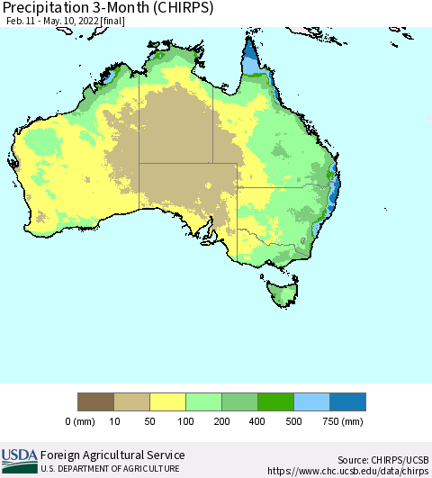 Australia Precipitation 3-Month (CHIRPS) Thematic Map For 2/11/2022 - 5/10/2022